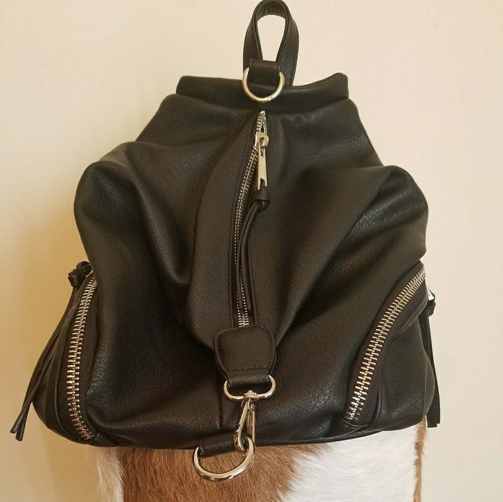 Black Leather Women’s Backpack with Silver Hardware